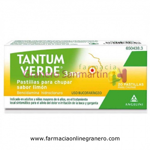TANTUM VERDE 3 mg PASTILLAS PARA CHUPAR SABOR LIMON, 20 pastillas (PE/Papel/Al)