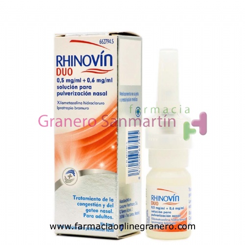 RHINOVIN DUO 0,5 mg/ml + 0.6 mg/ml SOLUCION PARA PULVERIZACION NASAL , 1 envase pulverizador de 10 m