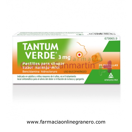 TANTUM VERDE 3 mg PASTILLAS PARA CHUPAR SABOR NARANJA-MIEL, 20 pastillas (Papel/PE/Al/Surlyn)