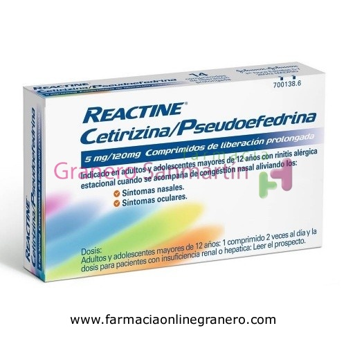 REACTINE CETIRIZINA/PSEUDOEFEDRINA 5mg/120mg COMPRIMIDOS DE LIBERACION PROLONGADA , 14 comprimidos