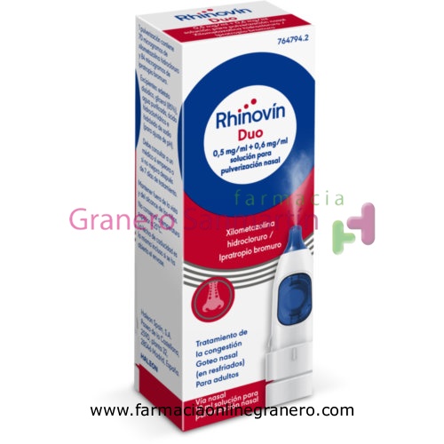 RHINOVIN DUO 0,5 mg/ml + 0.6 mg/ml SOLUCION PARA PULVERIZACION NASAL, 1 envase pulverizador de 10 ml