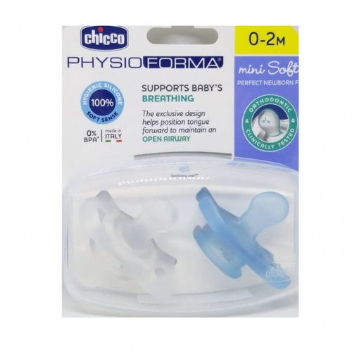 Chupete silicona ortodontico - chicco physio minisoft (0 - 2 meses 2 unidades color azul)