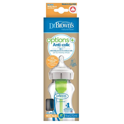 Biberon vidrio anticolico tetina silicona - dr brown´s natural flow options (270 ml 2 u boca ancha)