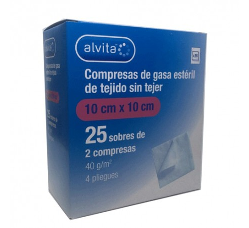 Alvita compresas gasa esteril tejido sin tejer (10 cm x 10 cm 25 sobres (2 u/sobre))