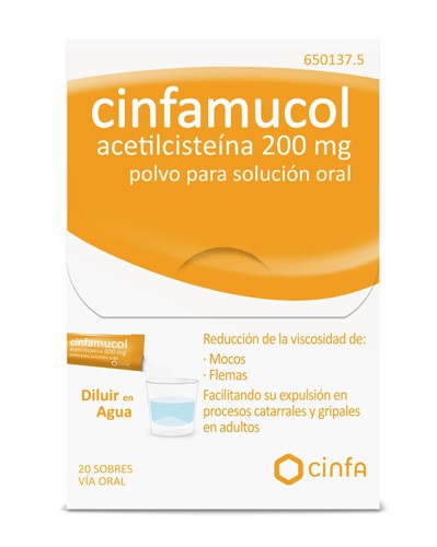 CINFAMUCOL ACETILCISTEINA 200 mg POLVO PARA SOLUCION ORAL , 20 sobres