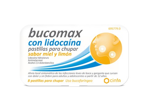 BUCOMAX CON LIDOCAINA PASTILLAS PARA CHUPAR SABOR MIEL Y LIMON, 8 pastillas