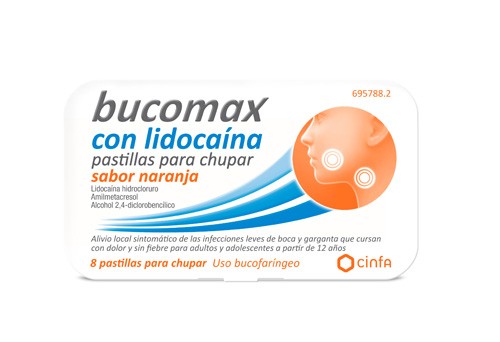 BUCOMAX CON LIDOCAINA PASTILLAS PARA CHUPAR SABOR NARANJA, 8 pastillas